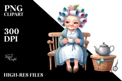 Watercolor Sitting on Bench, Holding Tea Cup | Clipart Product Image 2