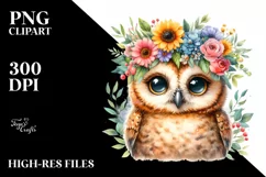 Vibrant Baby Owl with Floral Wreath Clipart Product Image 1