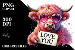 Pink Highland Cow with Heart Shaped Sunglasses, Transparent Product Image 2