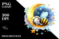 Vibrant Baby Bee Sleeping on the Moon Clipart Product Image 1