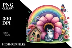 Cat House with Striking Rainbow and Flower | Clipart Product Image 1