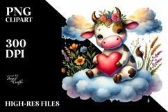 Cow on Cloud Holding Heart PNG Product Image 2