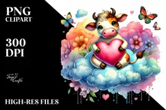 Cow on Cloud Holding Heart PNG Product Image 2