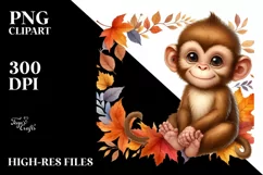 Cute Baby Monkey Autumn Leaves Clipart Product Image 3