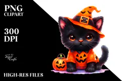 Simple Watercolor Halloween Baby Black Cat with Pumpkin PNG Product Image 2