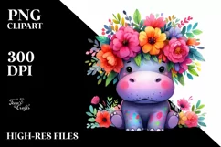 Vibrant Hippo with Flower Crown | Sublimation Clipart Product Image 1