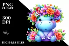 Vibrant Hippo with Flower Crown | Sublimation Clipart Product Image 3