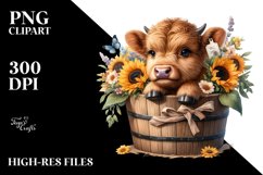 Cute Baby Highland Cow with Sunflower, PNG Product Image 1