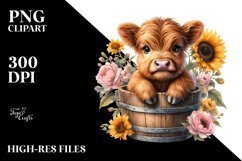 Cute Baby Highland Cow from Wood Bucket, PNG Product Image 3