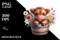 Cute Baby Highland Cow from Wood Bucket, PNG Product Image 3