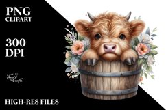Cute Baby Highland Cow from Wood Bucket, PNG Product Image 3
