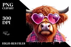 Colorful Pink Highland Cow with Heart Shaped Sunglasses PNG Product Image 2