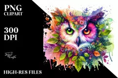Colorful Owl with Plant Leaves PNG Product Image 1