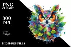Vibrant Owl with Plant Leaves PNG Product Image 1