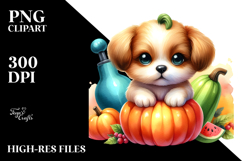 Vibrant Cute Baby Dog with Pumpkin Clipart Product Image 2