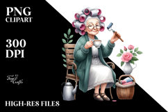 Watercolor Sitting on Bench, Holding Tea Cup | Clipart Product Image 2