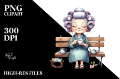 Watercolor Sitting on Bench, Holding Tea Cup | Clipart Product Image 2