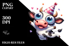 Joyful Cartoon Cow with Party Hat PNG Product Image 2