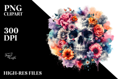 Grungy Skull Made of Flowers, Watercolor PNG Product Image 2