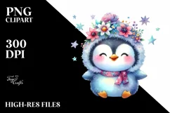 Smiling Penguin Whimsical Star Flowers Clipart Product Image 1
