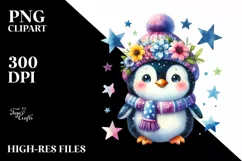 Colorful Baby Penguin Whimsical Star Flowers Clipart Product Image 3