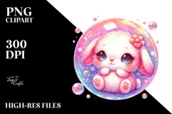 Colorful Cuddling Baby Rabbit in Soap Bubble PNG Product Image 2