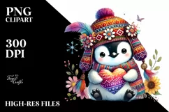 Boho Baby Penguin with Heart, Watercolor PNG Product Image 2