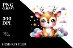 Colorful Smiling Baby Reindeer Stars Clouds Clipart Product Image 1