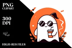 Cartoon Ghost with Sunglasses Holding Coffee, PNG Product Image 3
