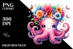 Watercolor Octopus with Vibrant Flower Crown | Clipart Product Image 2