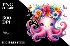 Watercolor Octopus with Vibrant Flower Crown | Clipart Product Image 3