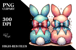 Colorful Vintage 2 Bunnies with Glittery Bow PNG Product Image 2