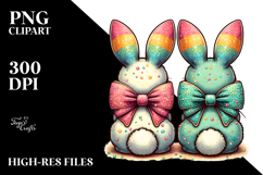 Colorful Vintage 2 Bunnies with Glittery Bow PNG Product Image 2