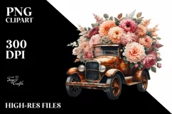 Vintage Rusty Car with Flowers PNG Product Image 3