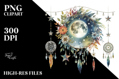 Vibrant Watercolor Boho Moon with Foliage Stars | Clipart Product Image 2