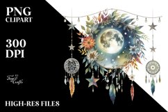 Vibrant Watercolor Boho Moon with Foliage Stars | Clipart Product Image 1