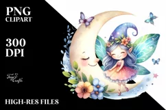 Colorful Watercolor Cute Fairy with Smiling Moon | Clipart Product Image 1