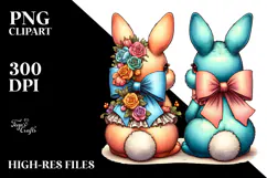 Colorful Stylized 2 Bunnies with Vintage Bow PNG Product Image 2