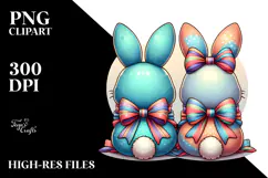 Colorful Stylized 2 Bunnies with Vintage Bow PNG Product Image 2