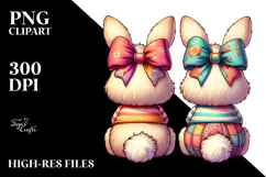 Colorful Stylized 2 Bunnies with Vintage Bow PNG Product Image 2