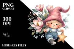 Cute Baby GNOME with Magnolia on Star PNG Product Image 2