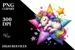 Colorful Baby Unicorn Napping on Star PNG Product Image 1