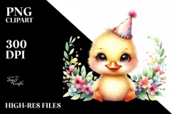 Cute Baby Duck with Party Hat, Watercolor PNG Product Image 1