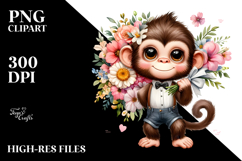 Cute Monkey Flower Bouquet | Sublimation | Clipart Product Image 2