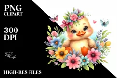 Colorful Baby Duck Whimsical Flowers Clipart Product Image 1