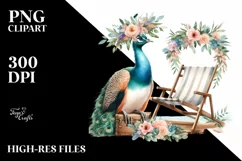 Watercolor Beach Chair Peacock Wreath | Sublimation Clipart Product Image 1