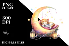 Napping Baby Cat on Moon, Pastel PNG Product Image 2