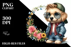 Baby Golden Retriever with Floral Frame Clipart Product Image 1