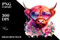 Pink Highland Cow with Sunglasses PNG Product Image 2