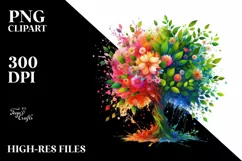 Vibrant Watercolor Tree with Flowers PNG Product Image 1